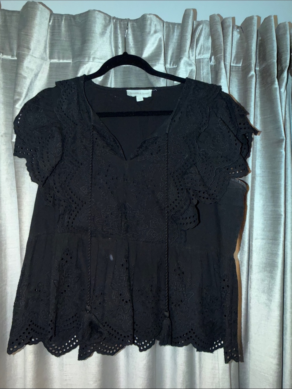Black Eyelet Peplum Blouse with Ruffle Sleeves